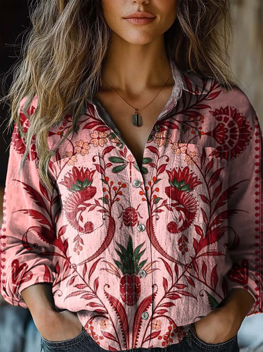 Women's Floral Art Print Casual Long Sleeve Comfortable Cotton Shirt