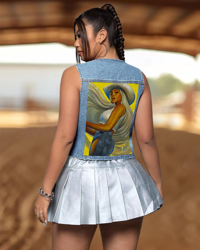 Cowgirl Oil Painting Low-cut V-neck Buttoned Denim Vest