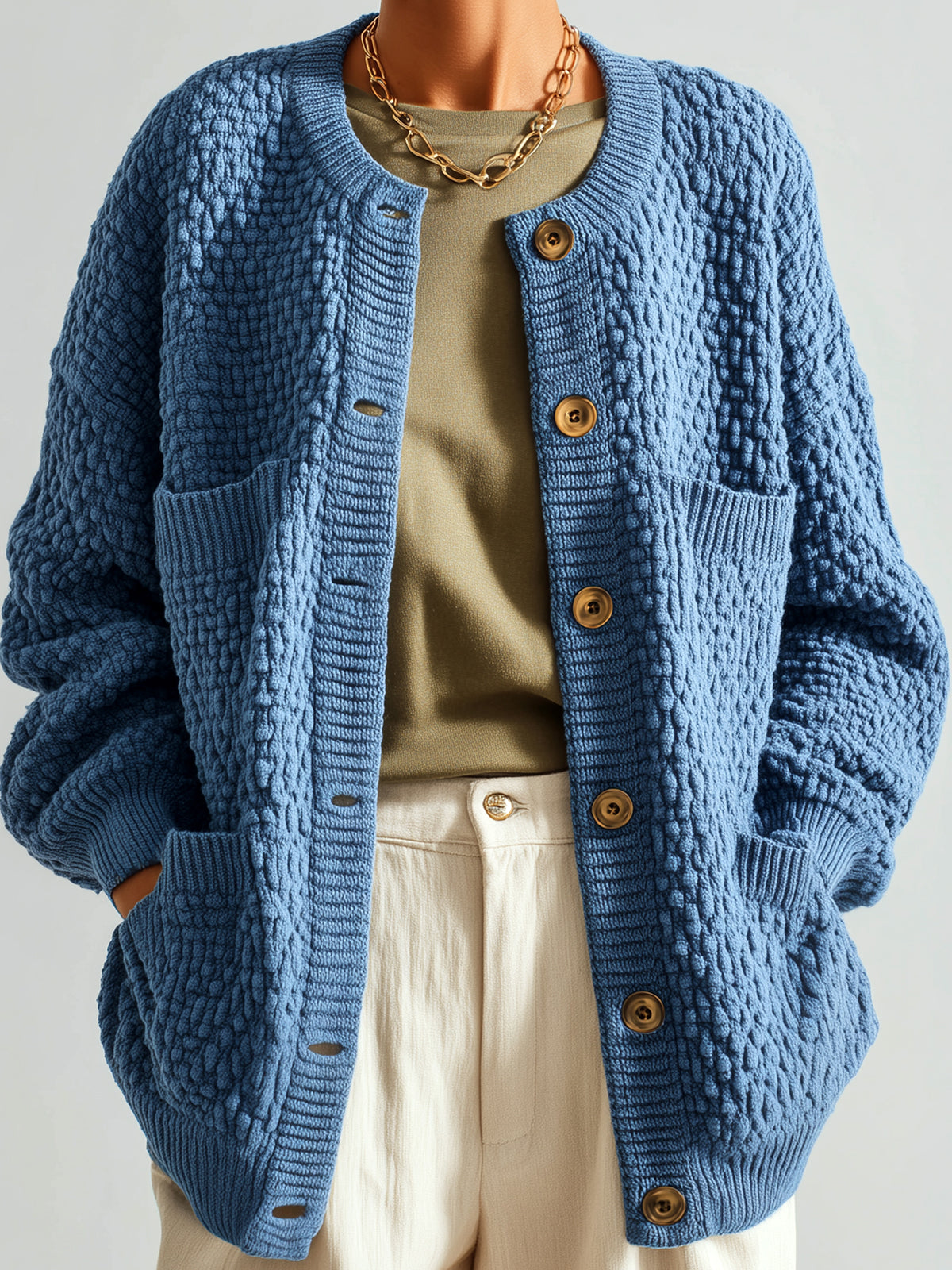 Taidalw Chic Vintage Blue Crew Neck Single-breasted Multi-pocket Textured Knit Slouchy Cardigan