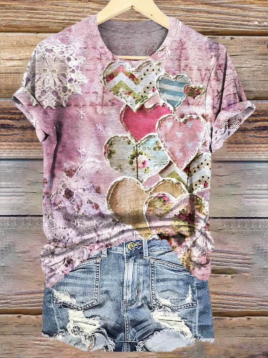 Vintage Valentine's Day Heart Texture Art Print Crew Neck T-shirt