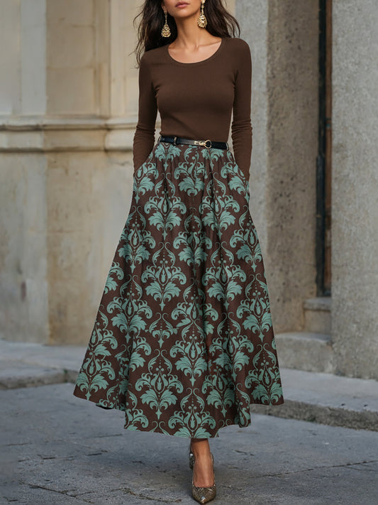 Maxi Dress, Wool Top with Cotton Skirt,Long Sleeves, Round Neck, Paisley, Belt Design, Vintage, Brown