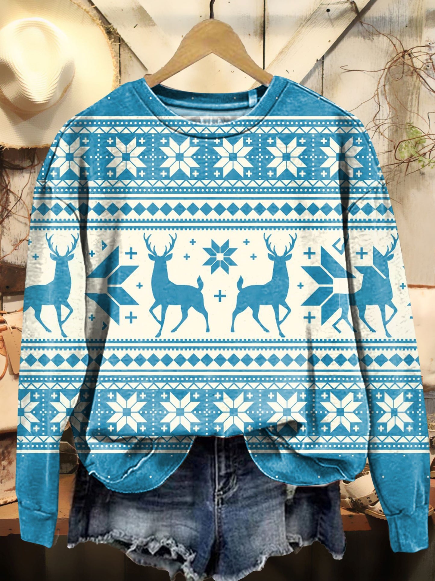 Christmas Snowflake and Elk Art Print Casual Sweatshirt