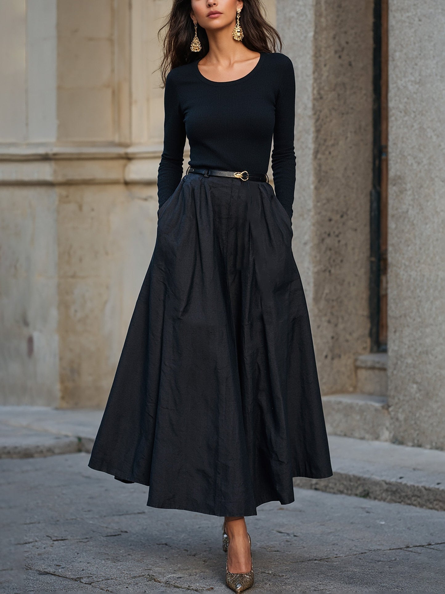 Maxi Dress, 100% Wool Top with Cotton Skirt, Long Sleeves, Round Neck, Plain, Belt Design, French Vintage, Black