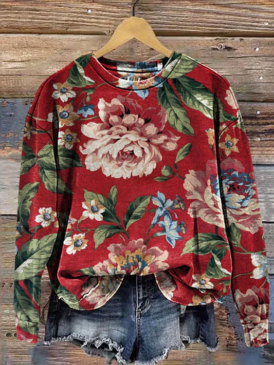 Vintage Floral Print Casual Sweatshirt