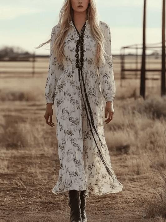 Ladies Vintage Lace Cream Floral Printed Western Style Long Sleeves Rustic Boho Dress