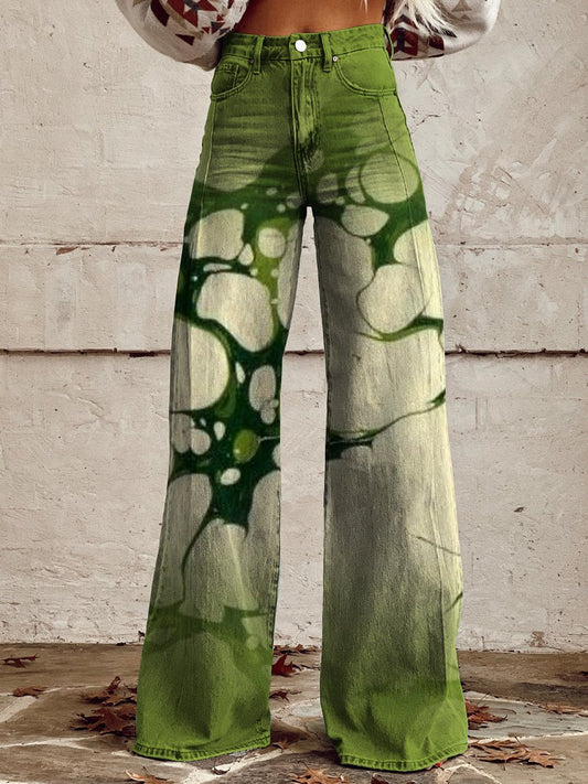 Women's Retro Green Gradient Water Pattern Print Casual Wide Leg Pants