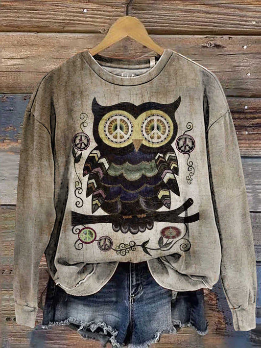 Retro Hippie Owl Peace Sign Love and Peace Casual Sweatshirt