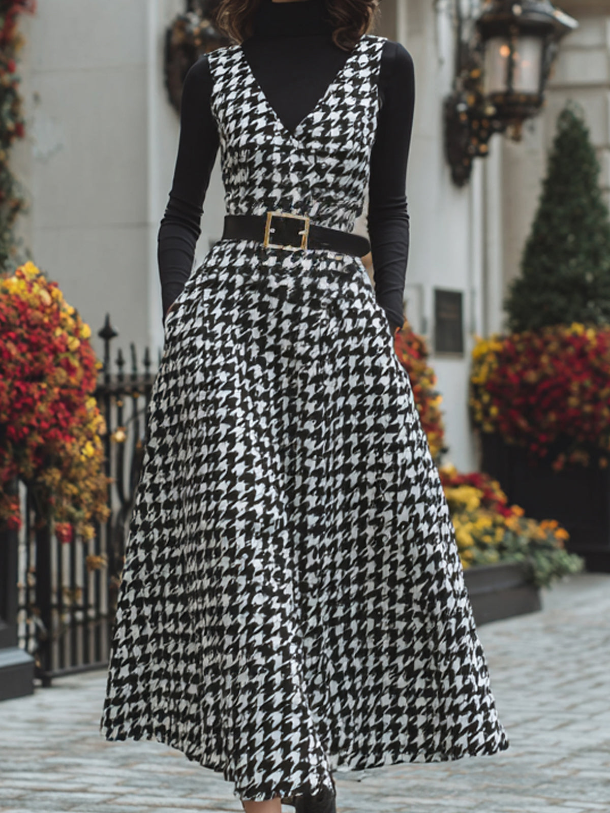 Taidalw Elegant Vintage Houndstooth Wool Blend Deep V-Neck Belted Pinafore Maxi Dress
