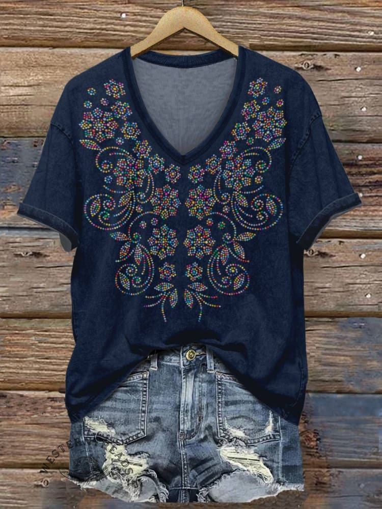 Women's Flower Print V-neck Casual T-Shirt