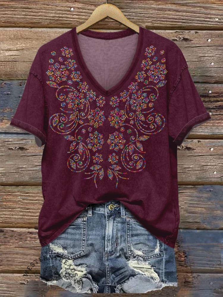 Women's Flower Print V-neck Casual T-Shirt