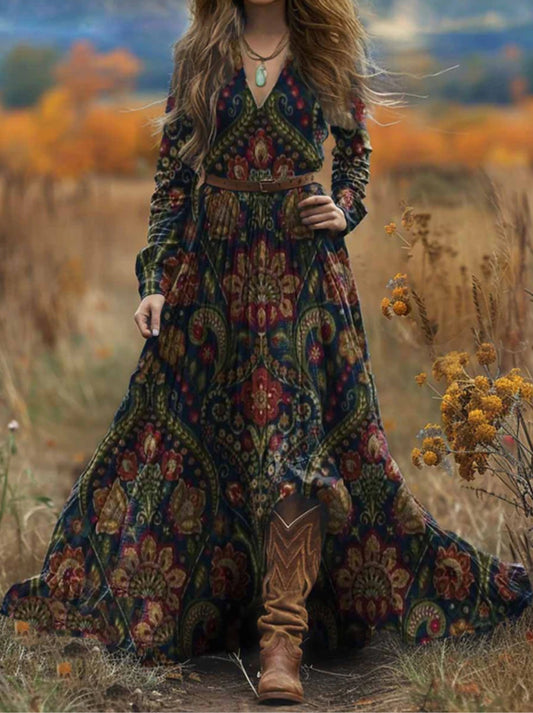 Women's Bohemian Ethnic Floral Print V-Neck Long Sleeve Maxi Dress