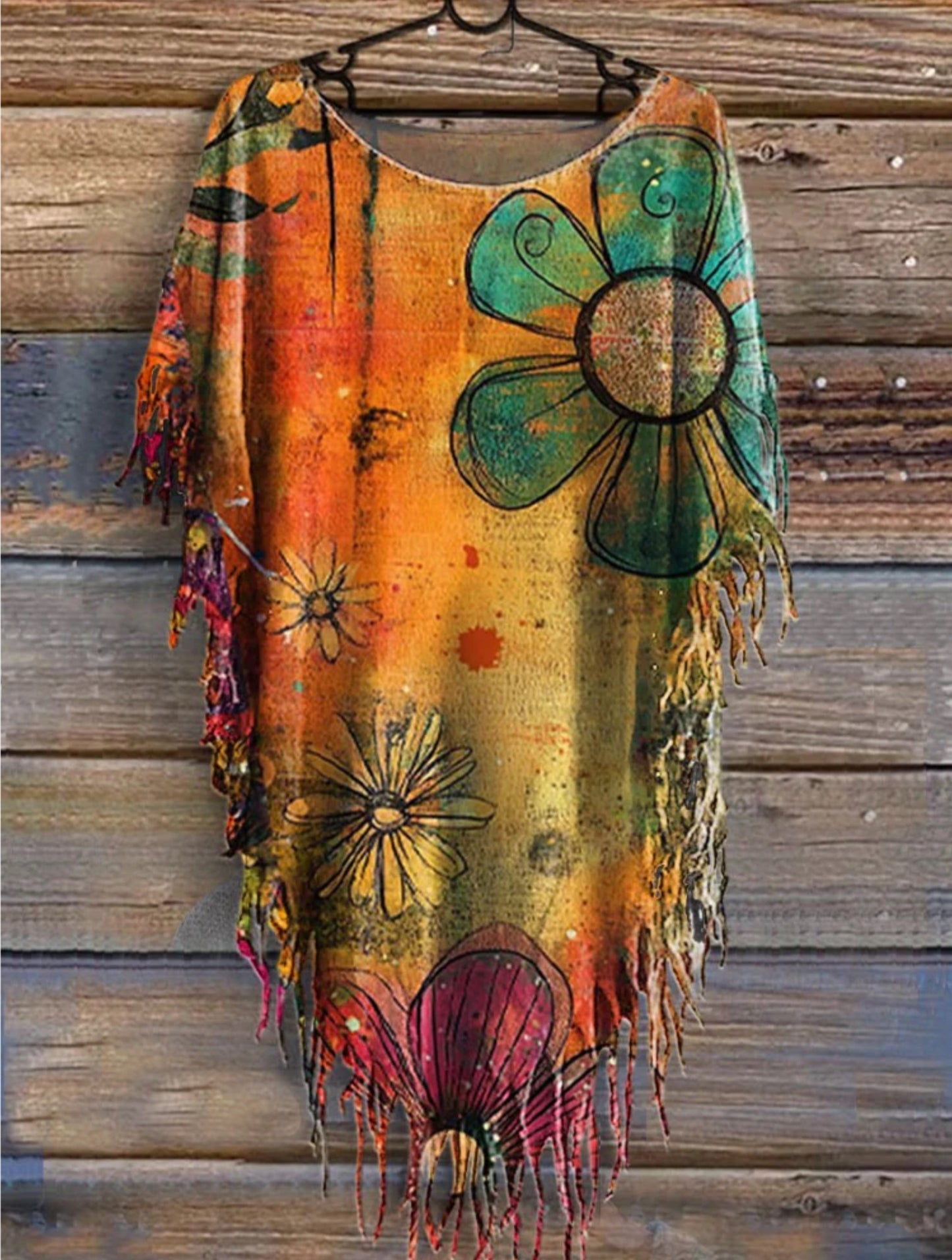 Women's Vintage Floral Art Print Punk Hippie Batwing Tussle Fringes Poncho Dress