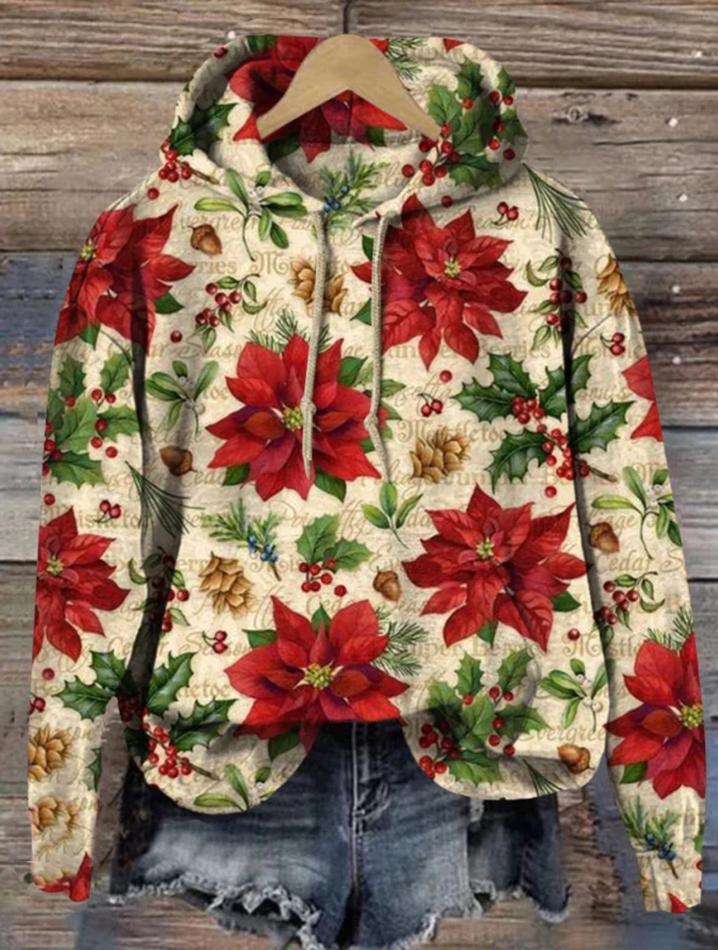 Vintage Christmas Floral Print Casual Hoodie Sweatshirt