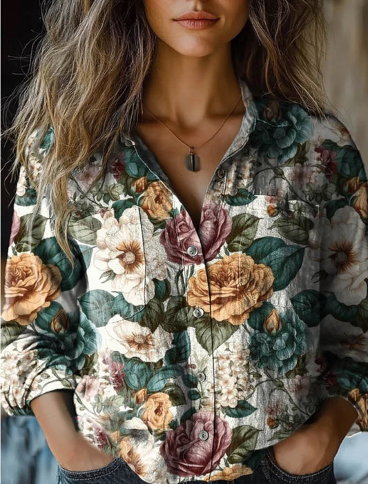 Women's Vintage Lovely Floral Art Print Casual Long Sleeve Comfortable Cotton Shirt