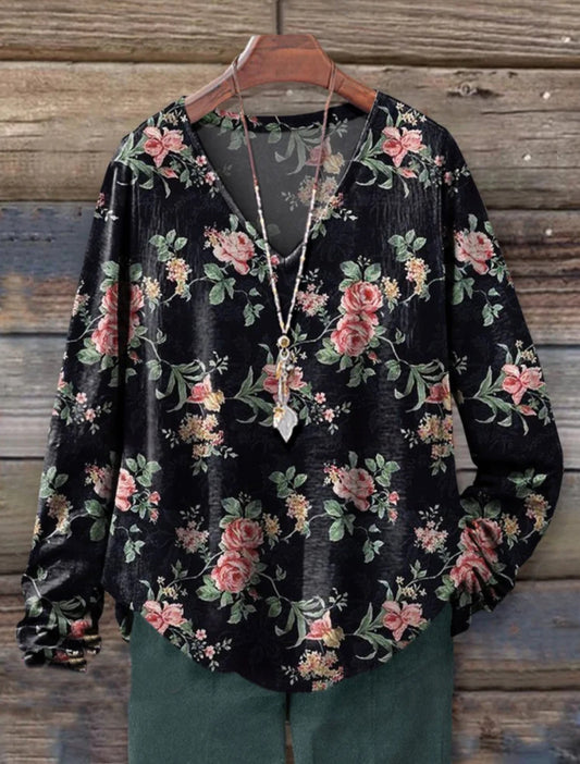 Women's Vintage Floral Art Print 100% Cotton Casual V-neck Long Sleeve Shirt