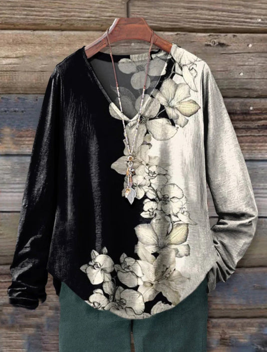 Women's Vintage Floral Art Print 100% Cotton Casual V-neck Long Sleeve Shirt