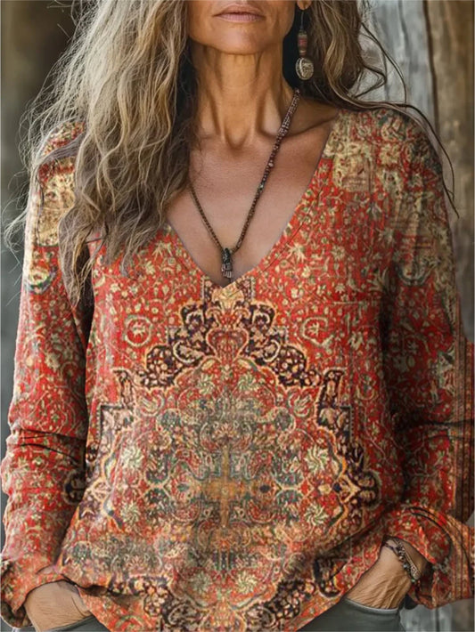 Women's Vintage Boho Ethnic Art Print Casual V Neck Comfortable Cotton Shirt