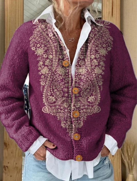 Ethnic Style Floral Pattern Printed Buttoned Cardigan Sweater