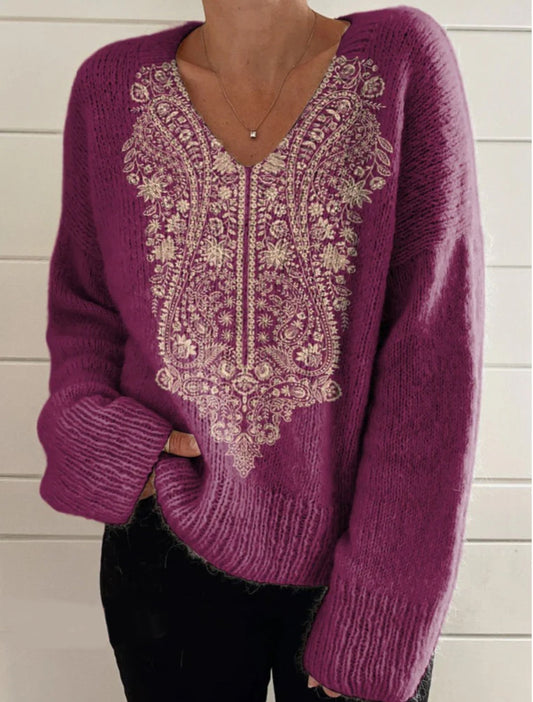 Ethnic Style Floral Pattern Printed Women's Casual V-Neck Pullover Knit