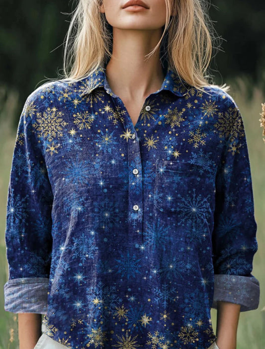 Christmas Snowflake Pattern Printed Women's Casual Cotton And Linen Shirt