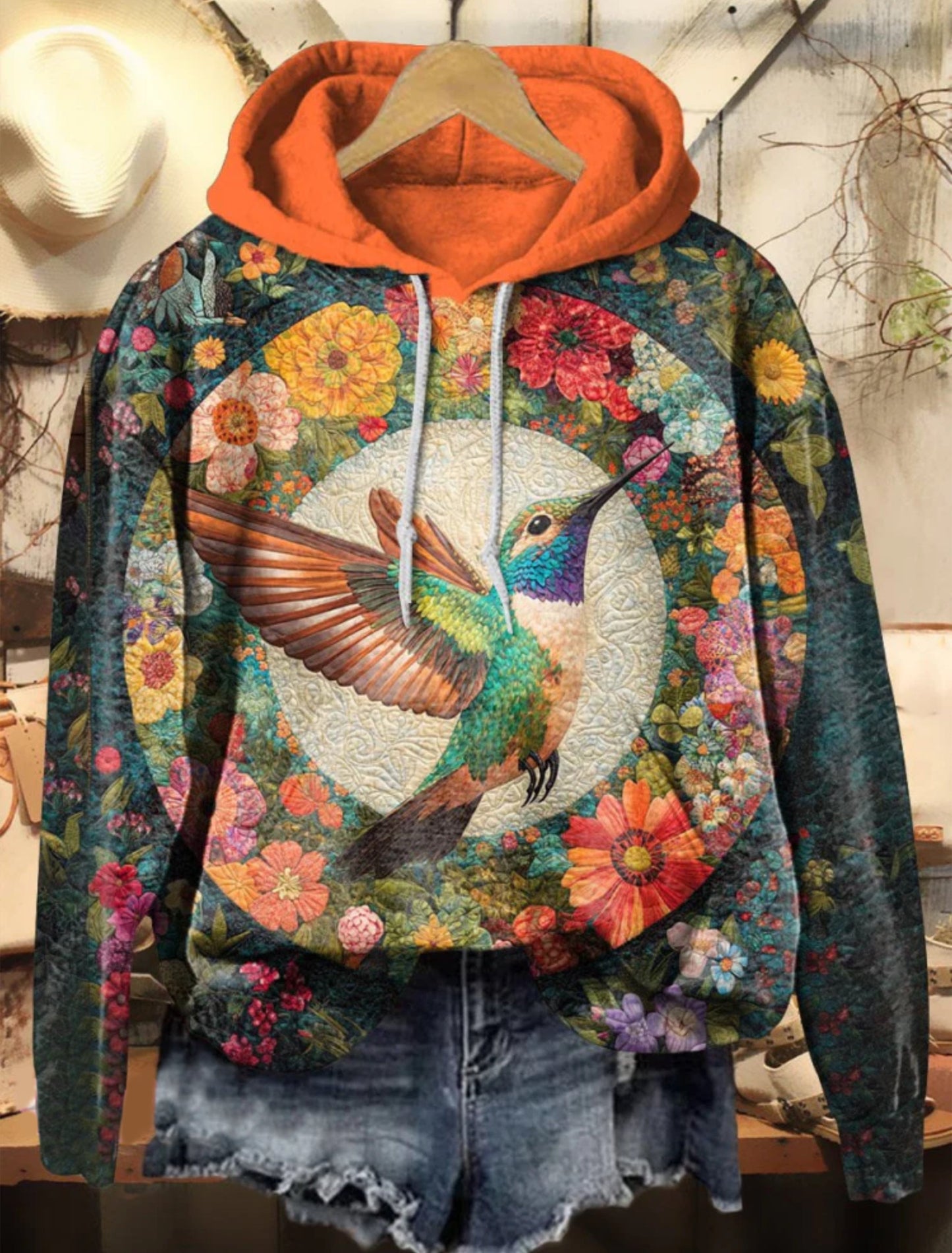 Vintage Floral & hummingbird art Print Casual Hoodie Sweatshirt