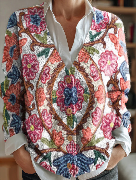 Women's Ethnic Floral Art Pattern Print Buttoned V-neck Cardigan Sweater