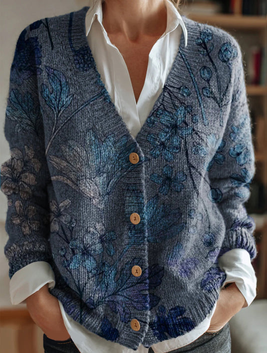 Women's Vintage Floral Art Pattern Print Buttoned V-neck Cardigan Sweater
