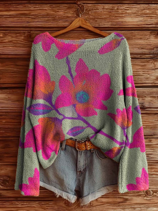 Women's Floral Pattern Artistic Print Casual Knitted Sweater