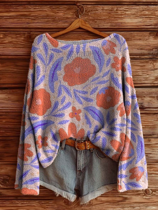 Women's Floral Pattern Artistic Print Casual Knitted Sweater