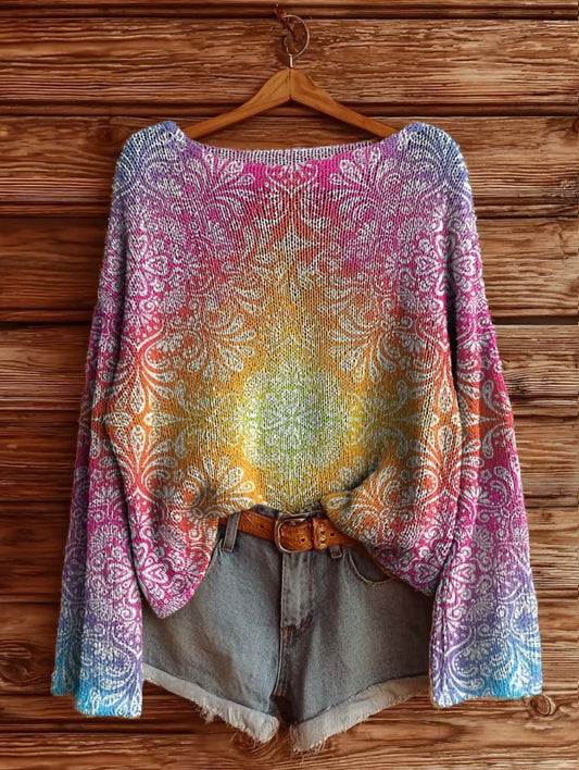 Women's Retro Ethnic Gradient Pattern Artistic Print Casual Knitted Sweater