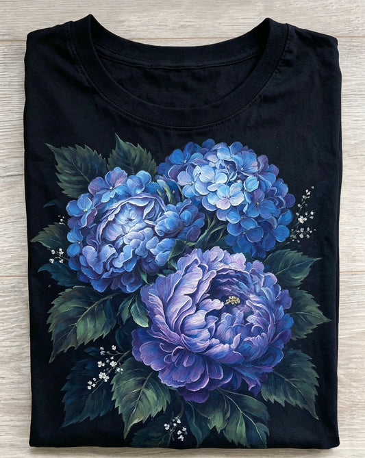 Blue Hydrangea Peony Floral Graphic Tee