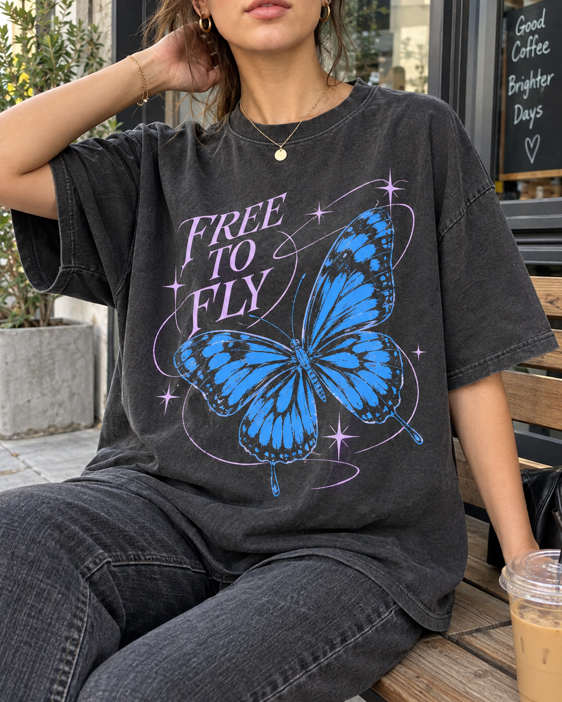 Charcoal Blue Butterfly Free To Fly Graphic Tee