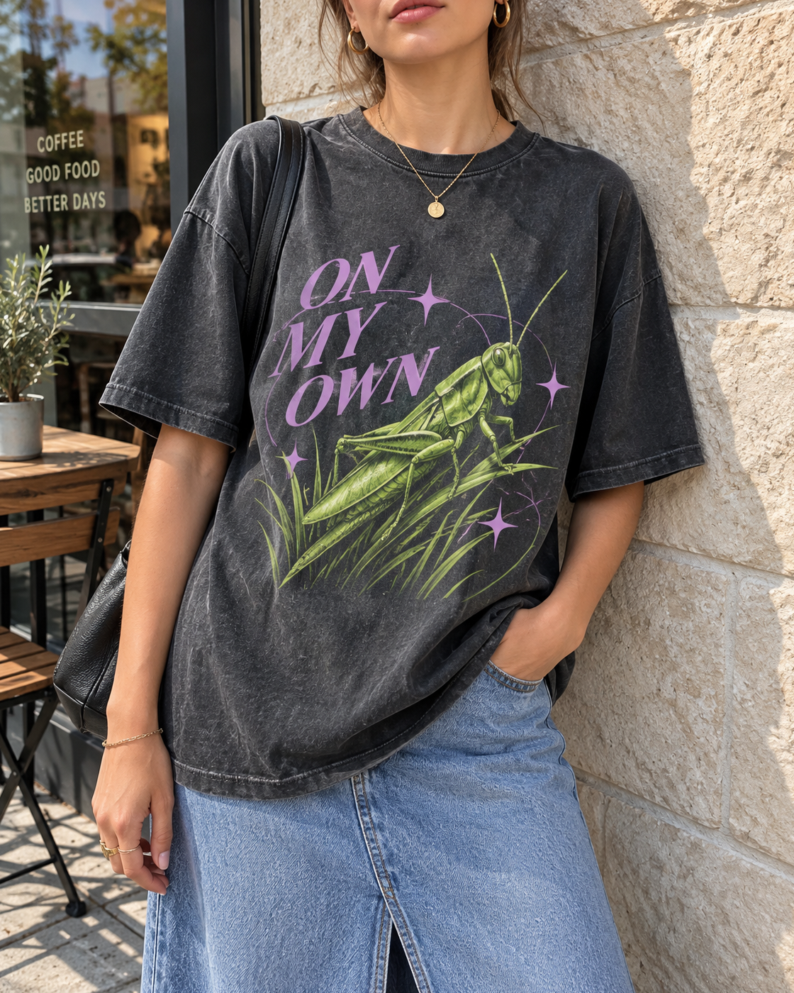 Charcoal Grasshopper On My Own Graphic Tee