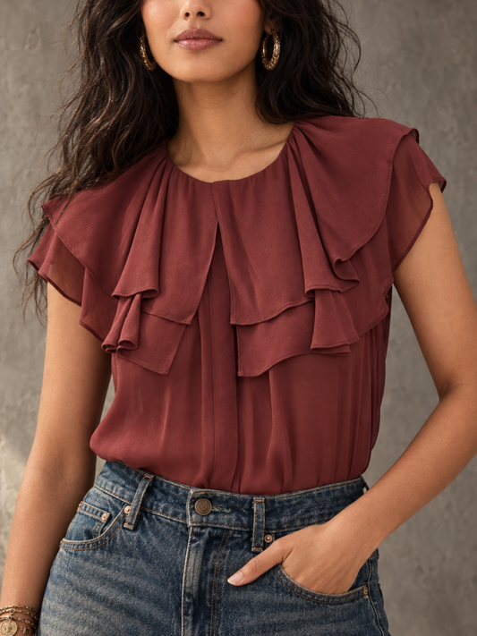 Burgundy Triple-Tier Ruffle Bib Flutter Sleeve Chiffon Blouse