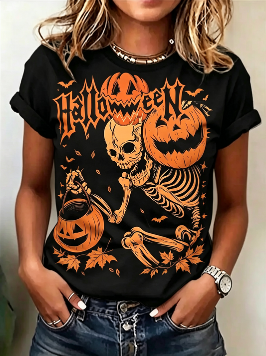 Gothic Skeleton and Pumpkin Halloween T-Shirt