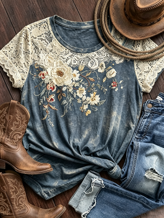 Lace Sleeve Embroidered Floral Knot Hem T-Shirt