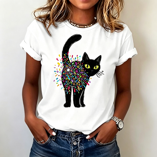 White Colorful Confetti Black Cat Graphic Crew Neck T-Shirt