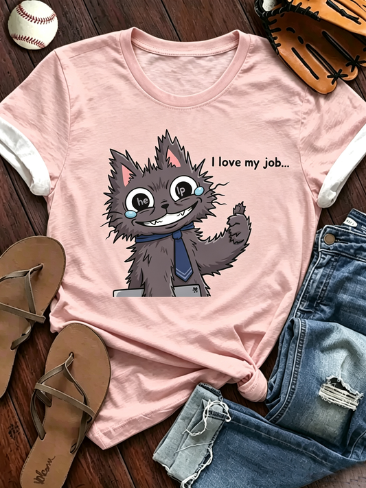 Pink Cartoon Office Cat I Love My Job Graphic Ringer T-Shirt
