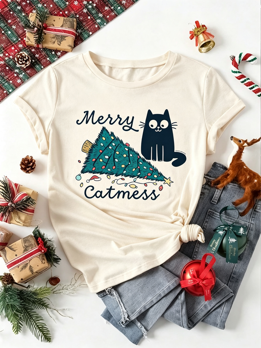 Beige Merry Catmess Christmas Cat Tree Graphic T-Shirt