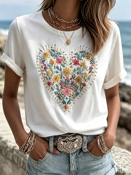 White Colorful Floral Embroidery Heart Print Crew Neck T-Shirt