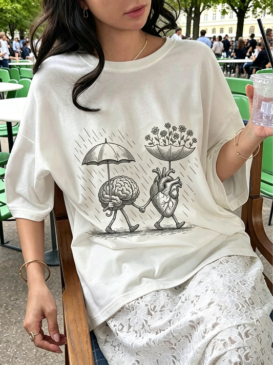 White Brain Heart Umbrella Hand Drawn Art Crew Neck T-Shirt