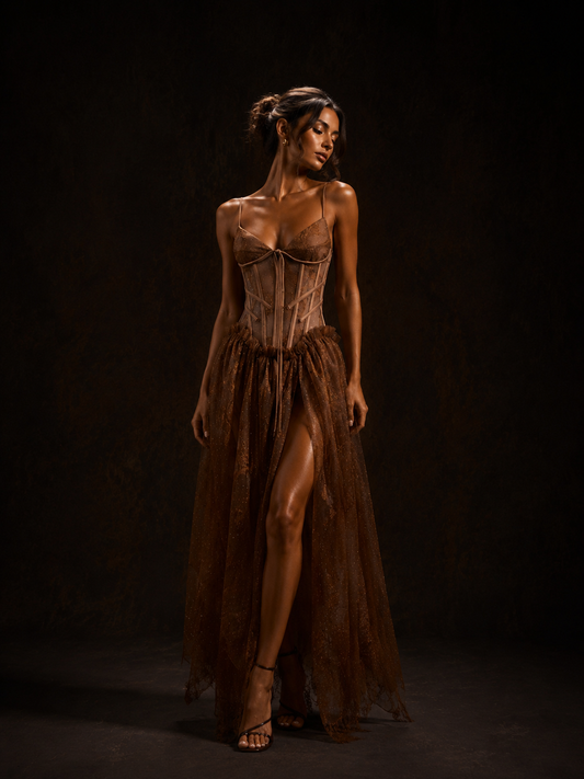 Bronze Lace Corset High-Slit Maxi Dress