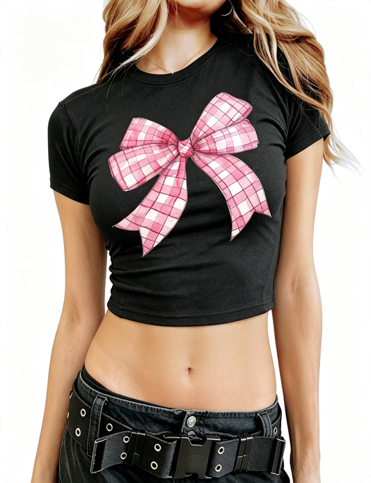 Pink Gingham Bow Baby Tee