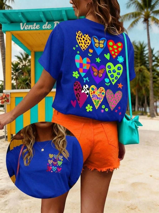 Blue Pattern Hearts Graphic T-Shirt