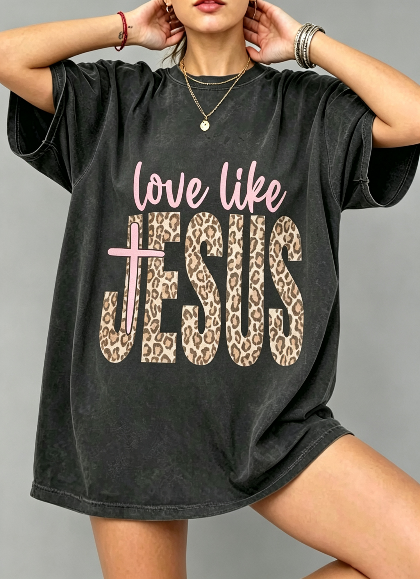 Love Like Jesus Leopard Graphic Oversized Tee