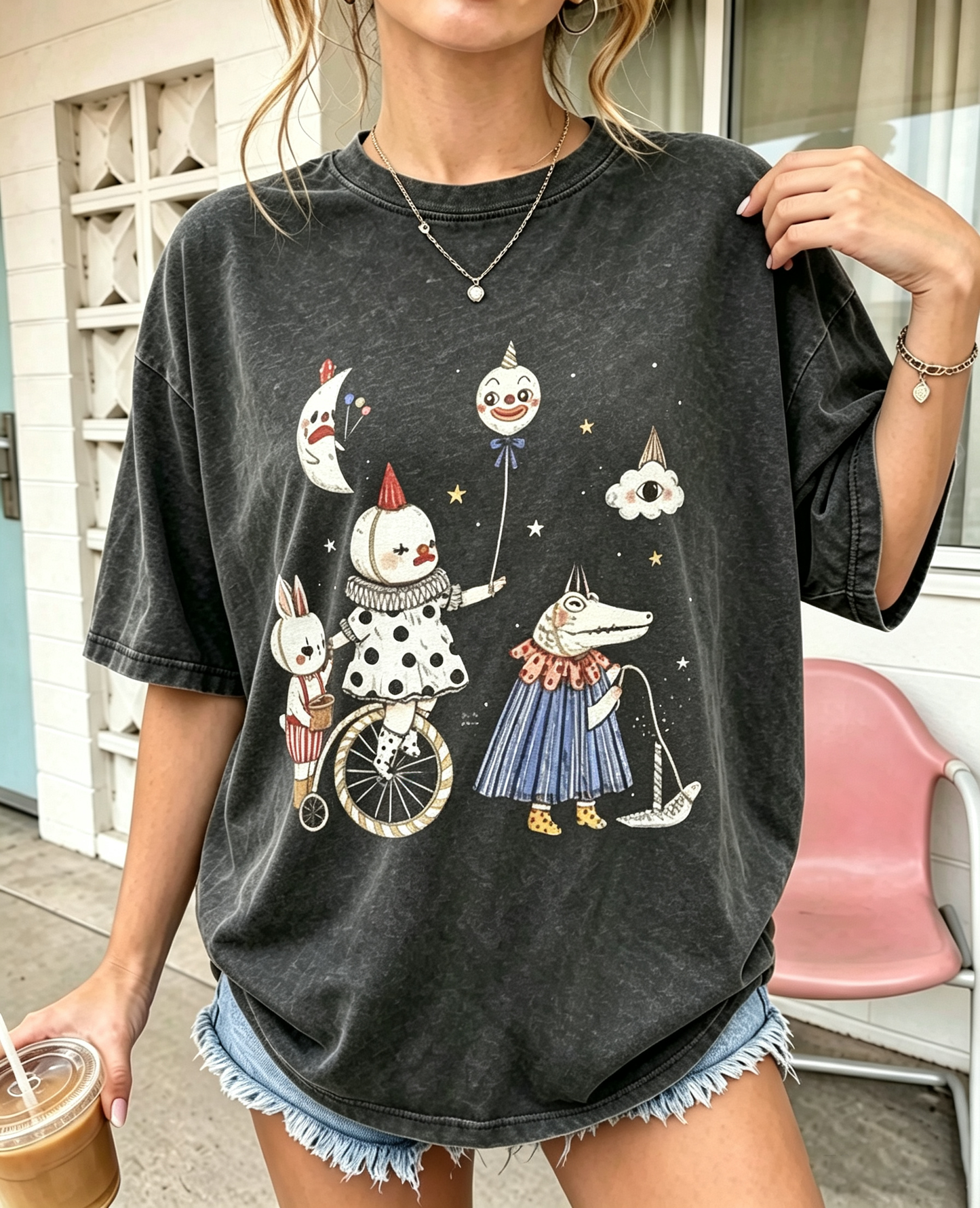 Creepy Circus Animal Graphic Oversized Tee