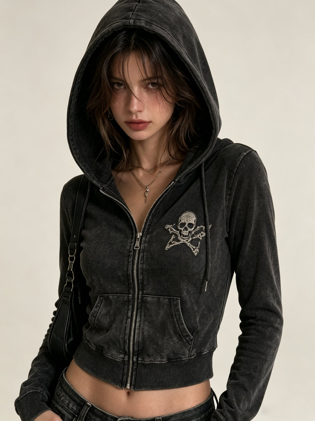 Black Acid Wash Skull Zip-Up Hoodie