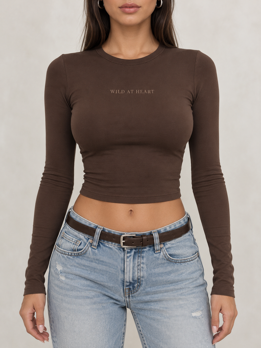 Brown Wild At Heart Long Sleeve Crop Top