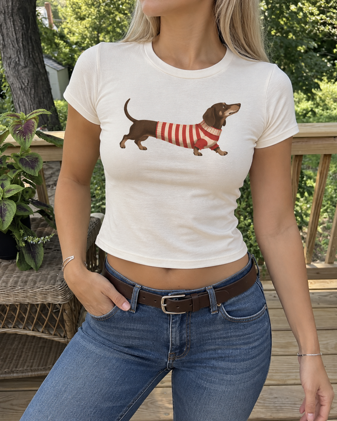 Cream Dachshund Sweater Graphic Baby Tee