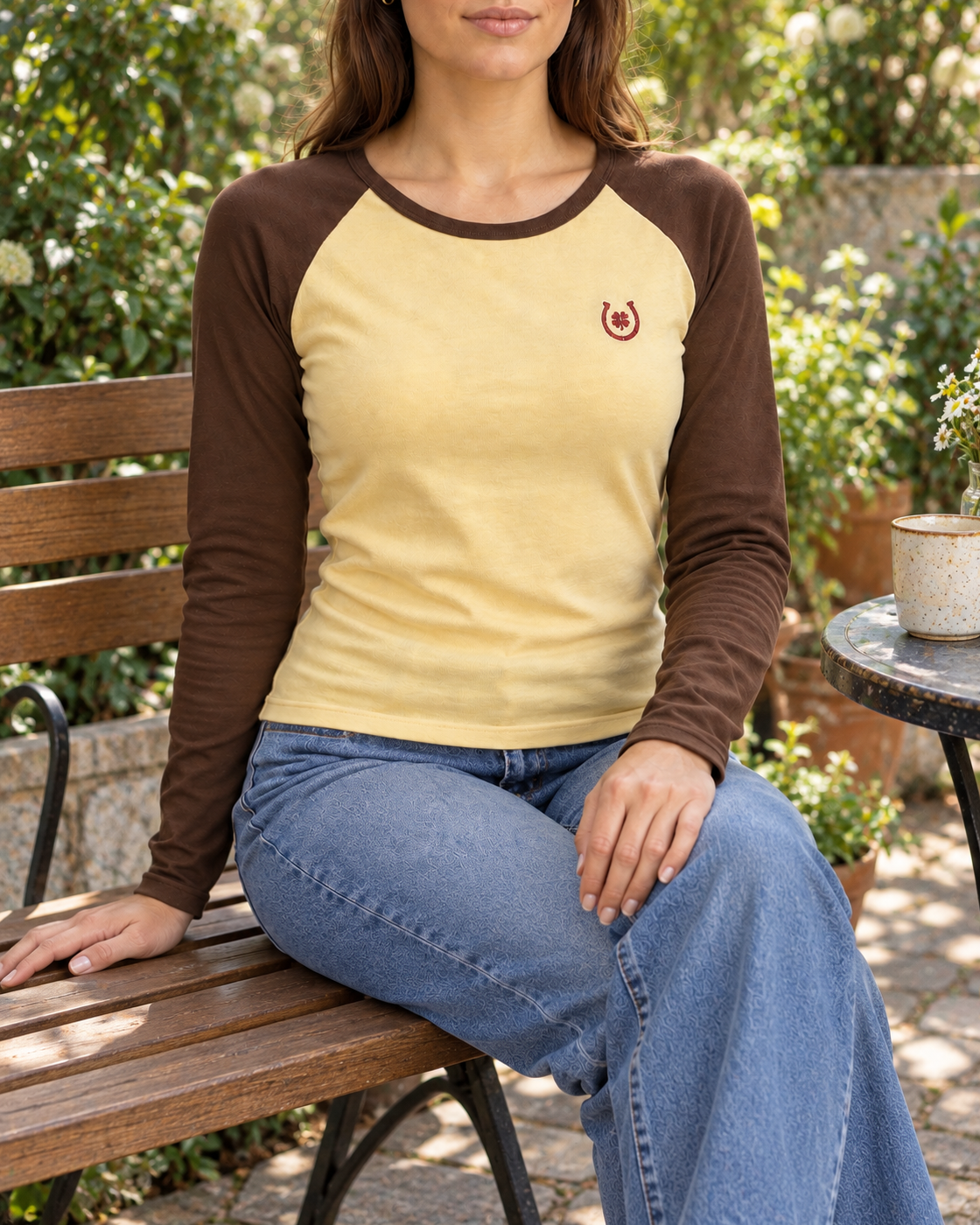Yellow Brown Raglan Horseshoe Graphic Tee